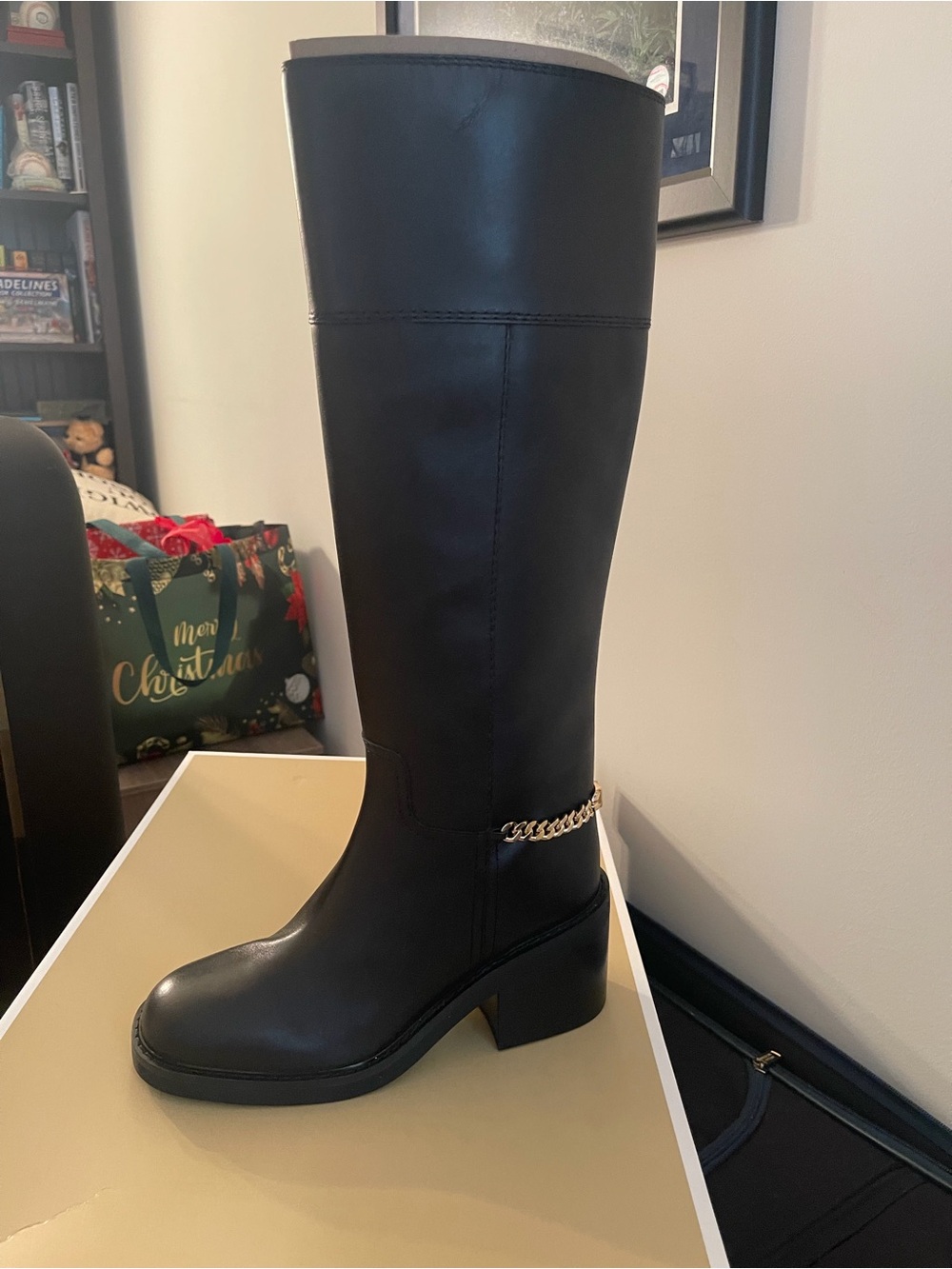 Cole Haan Black Leather Knee-High Boots with Gold Chain